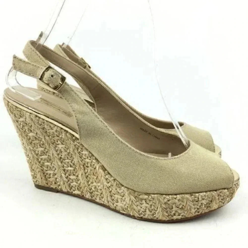 Tahari Sz 6 Taylor Canvas Platform Peep Toe Wedges